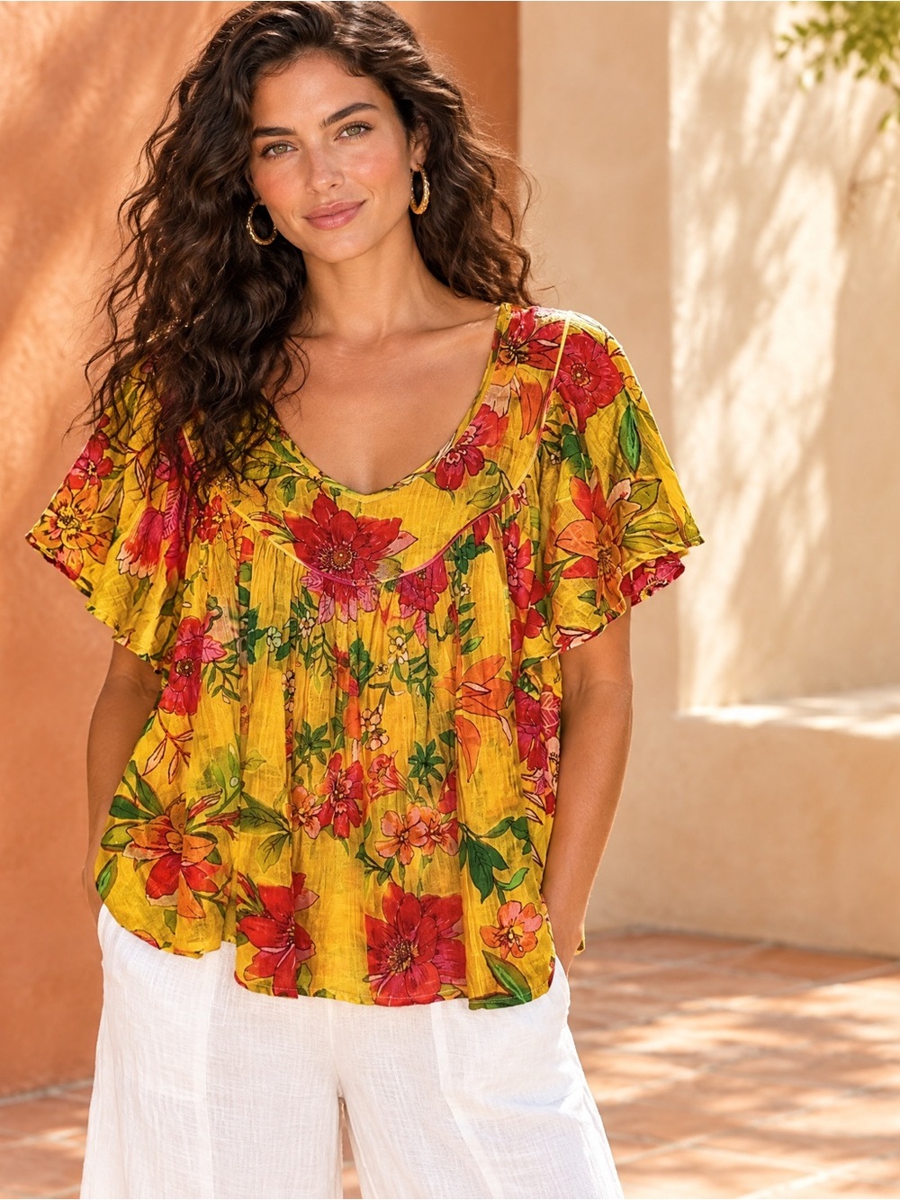 BAND OF THE FREE by BAND OF GYPSIES Lightweight Gauzy Floral Short Sleeve Top